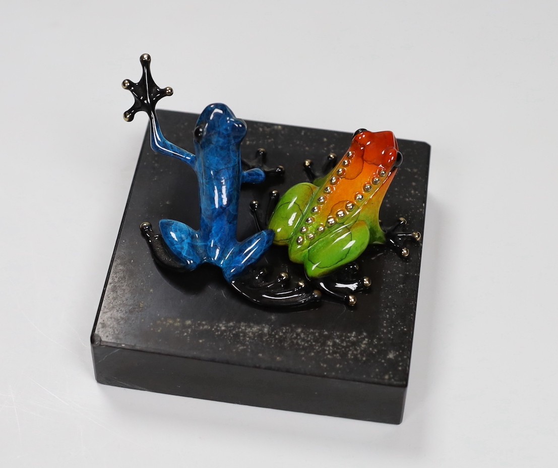 Tim Cotterill (Frogman) two small limited edition enamelled bronze frogs, ‘Meadow’ 1331/5000 with certificate of authenticity and another 3303/5000 without certificate of authenticity. Tallest 5cm